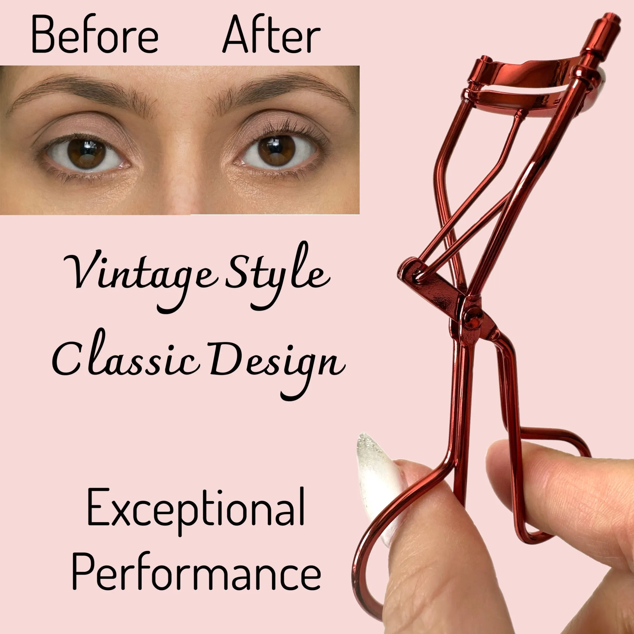 2 Vintage Style Metallic Red Eyelash Curler Easy to Use High Drama Lashes Rubber Coated Non-Slip Handle Easy Gentle Way to Curl Lashes High Impact Eye-Opening Effects