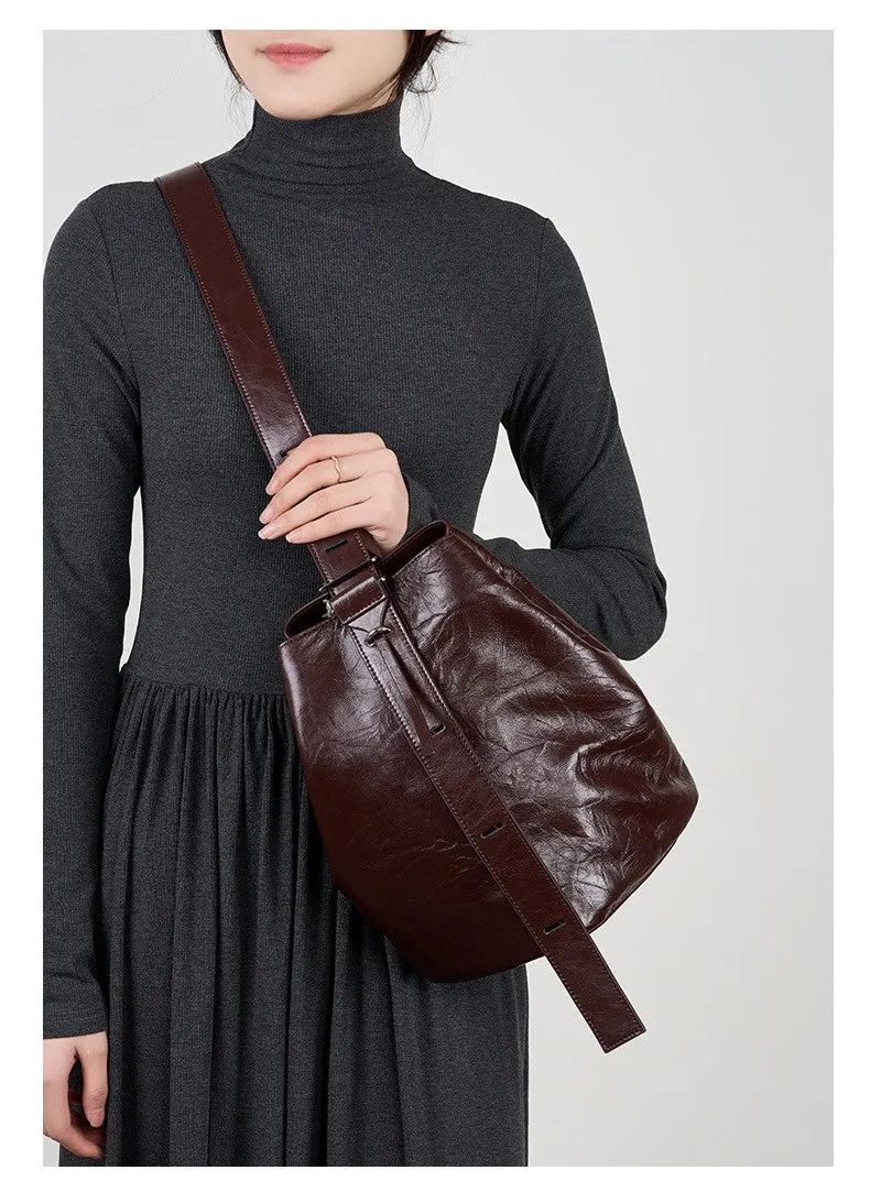 2024 new women lazy comfortable cowhide bucket bag 2582 wine red