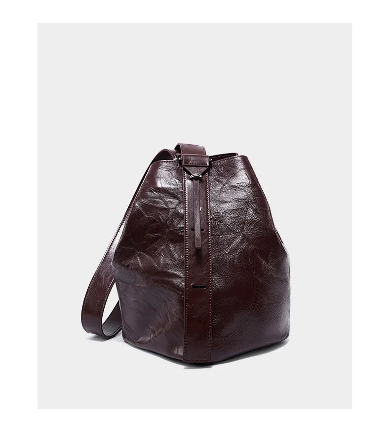 2024 new women lazy comfortable cowhide bucket bag 2582 wine red