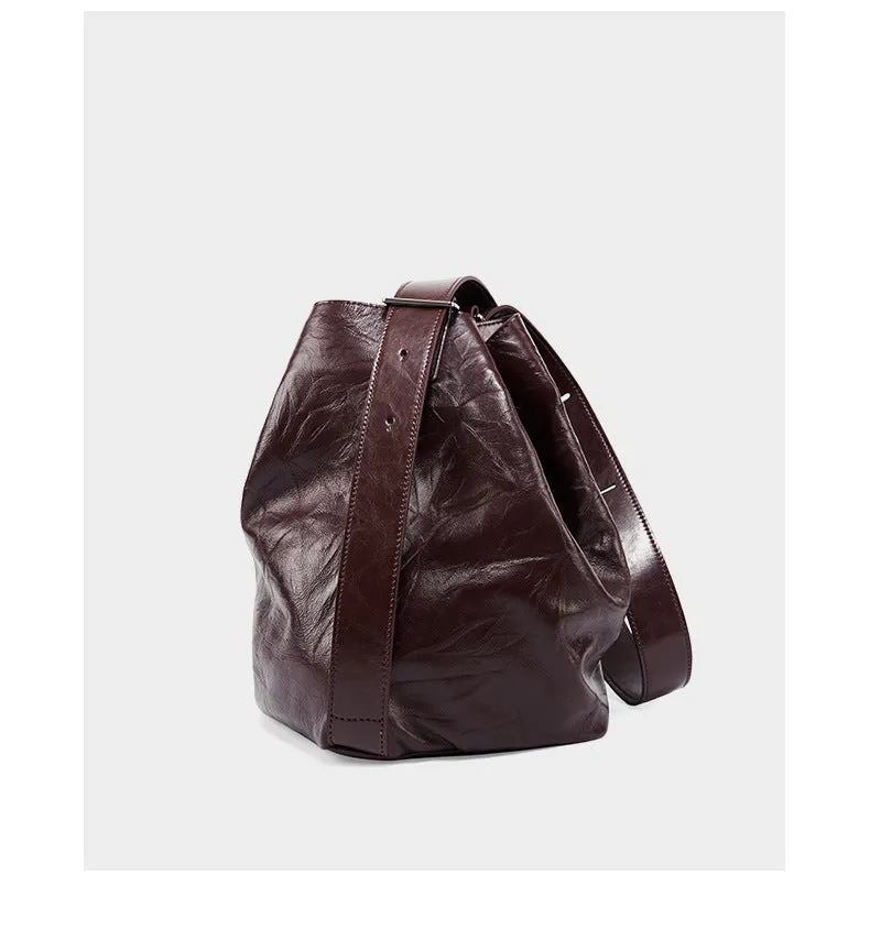 2024 new women lazy comfortable cowhide bucket bag 2582 wine red