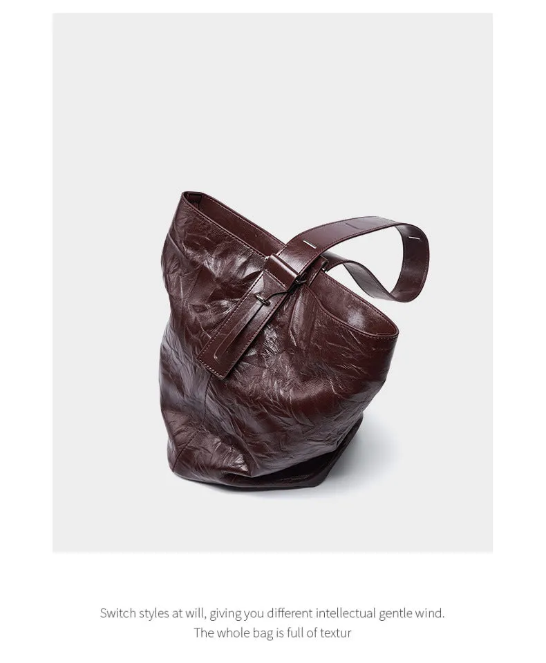 2024 new women lazy comfortable cowhide bucket bag 2582 wine red