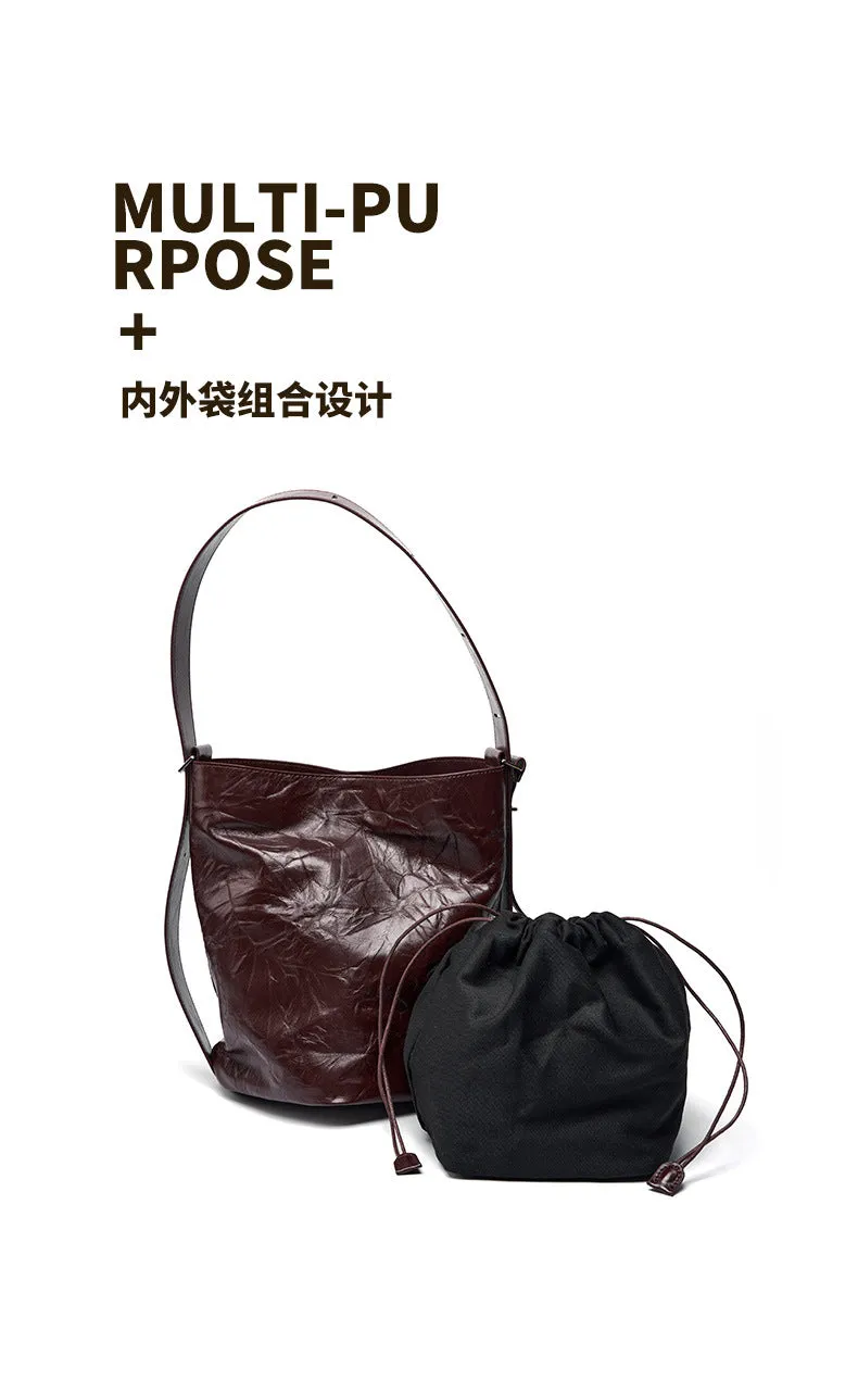 2024 new women lazy comfortable cowhide bucket bag 2582 wine red