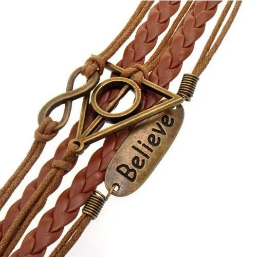 AmazingOS® Handmade Brown Leather Infinity Bracelet Deathly Hallows Charm Fashion