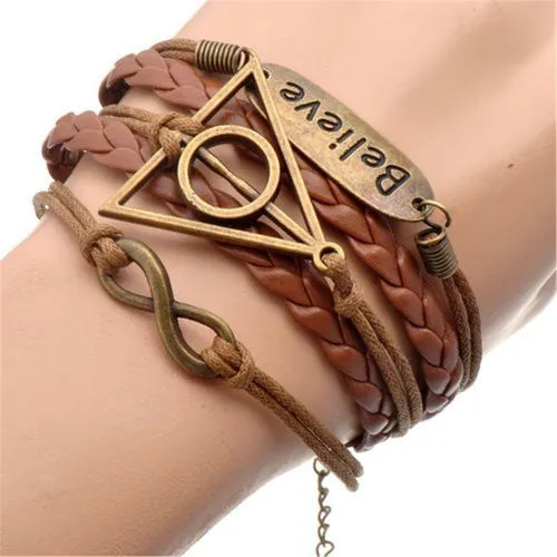 AmazingOS® Handmade Brown Leather Infinity Bracelet Deathly Hallows Charm Fashion