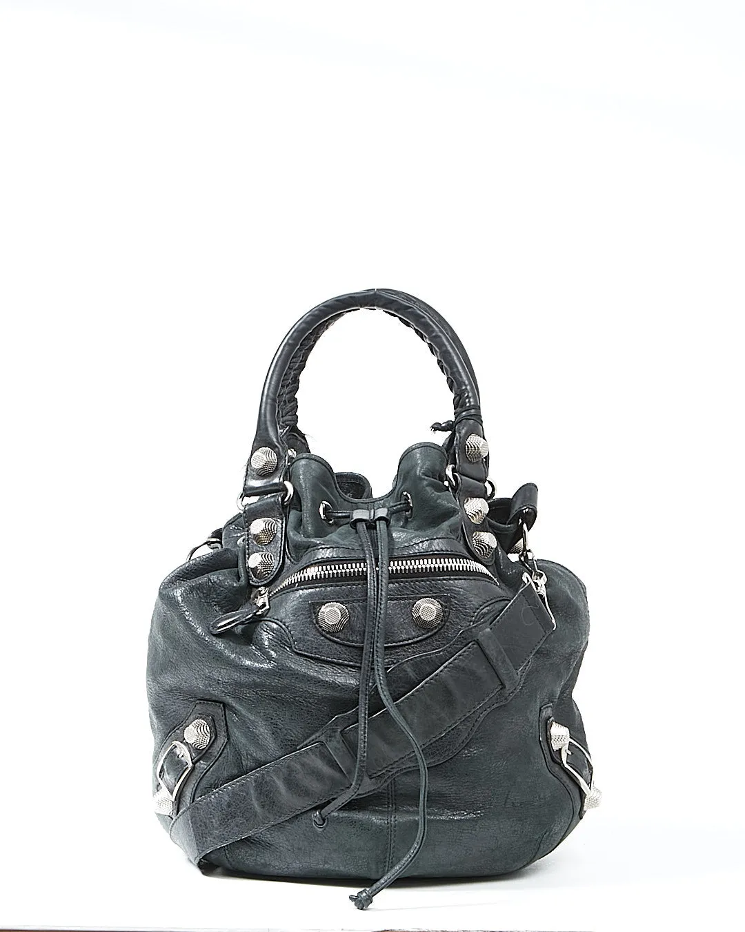 Balenciaga Black Crinkled Leather PomPom Bucket Bag