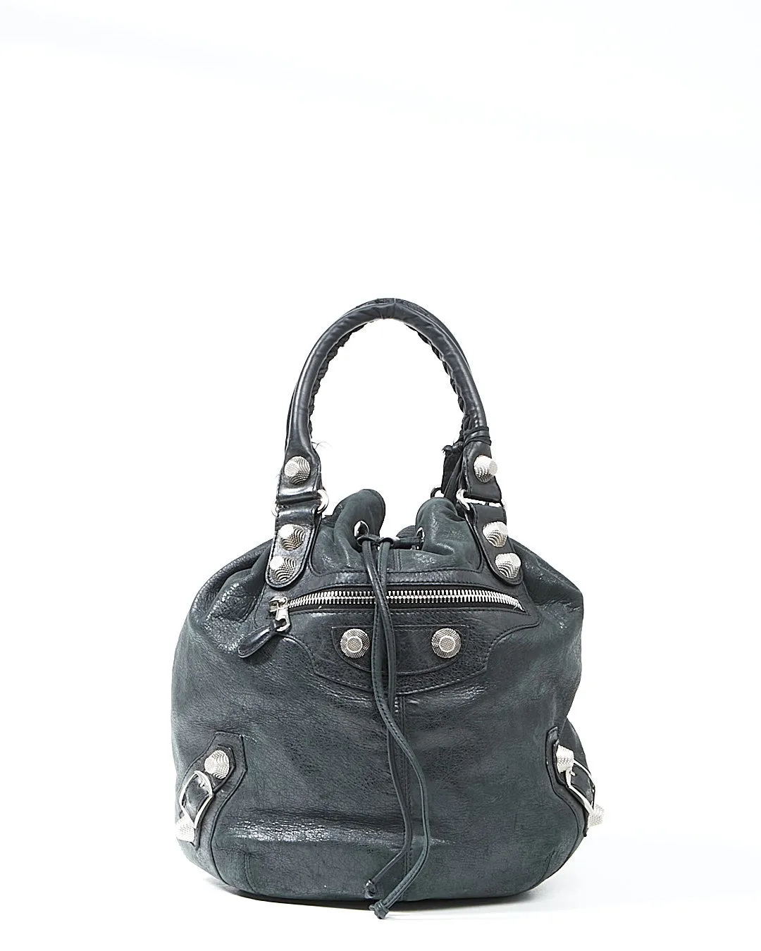 Balenciaga Black Crinkled Leather PomPom Bucket Bag