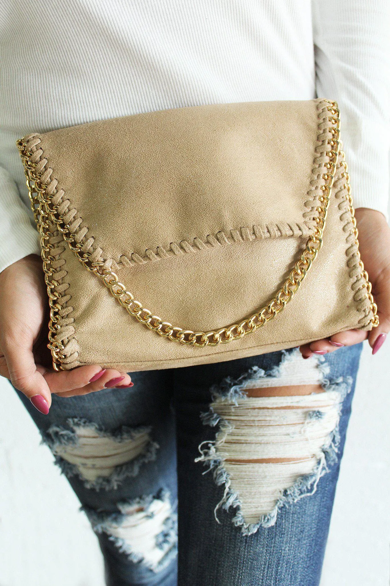 Beige Chained Clutch