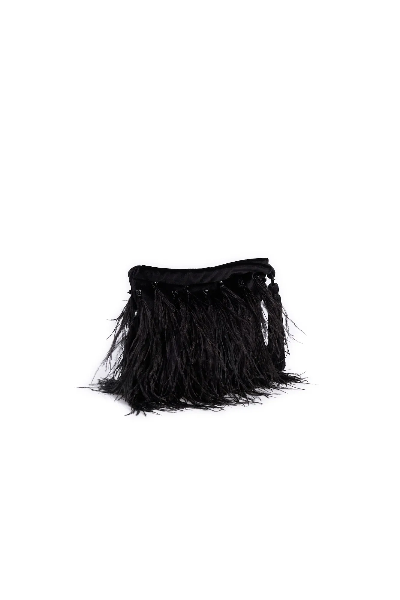 Black feather-embellished bucket bag