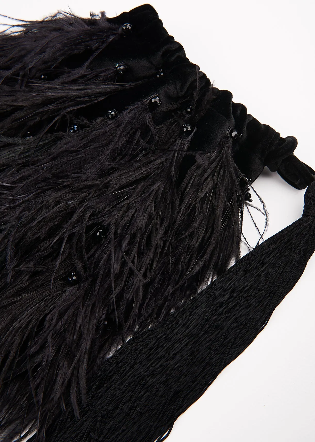 Black feather-embellished bucket bag