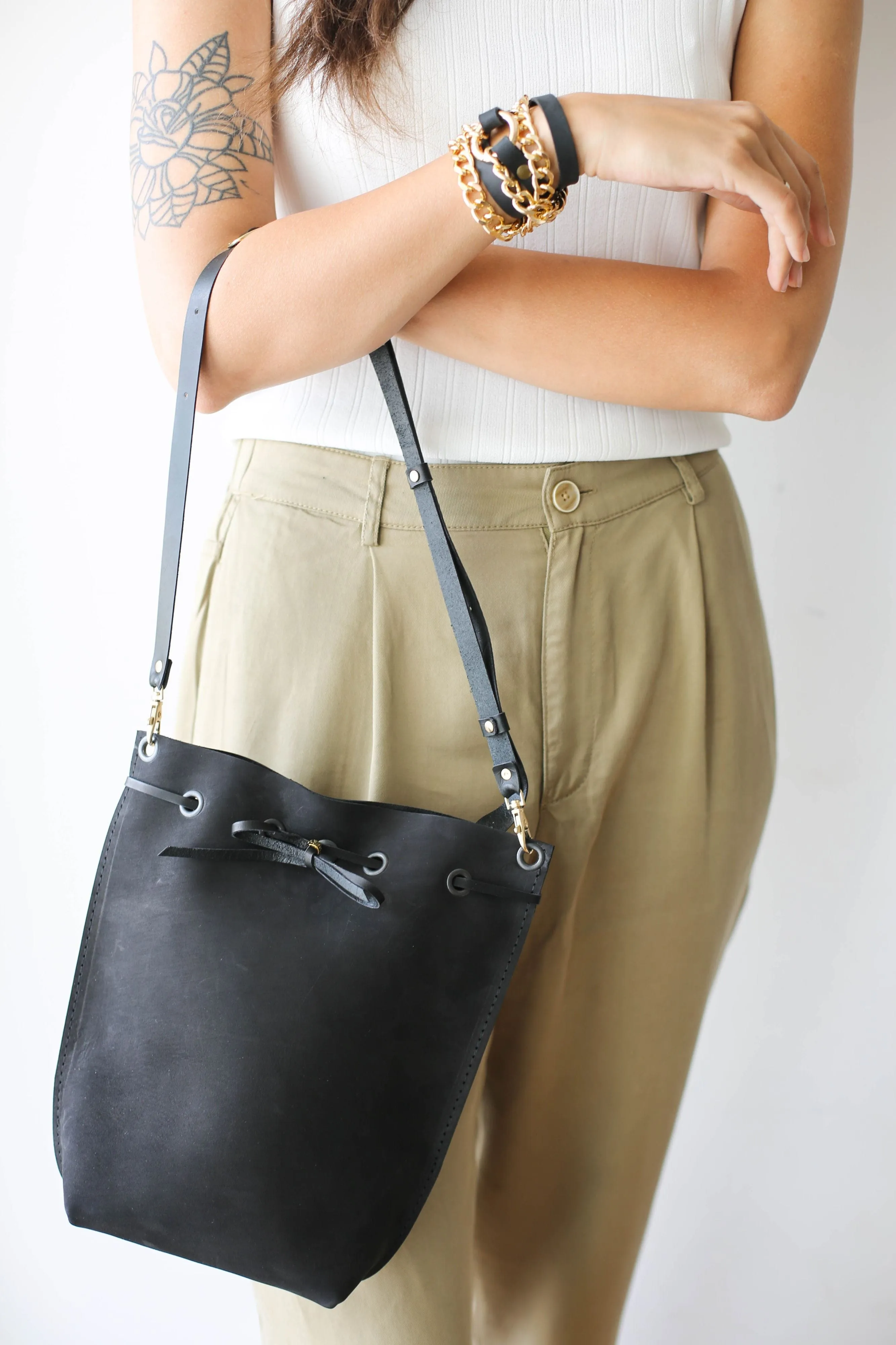 Black Leather Bucket Bag