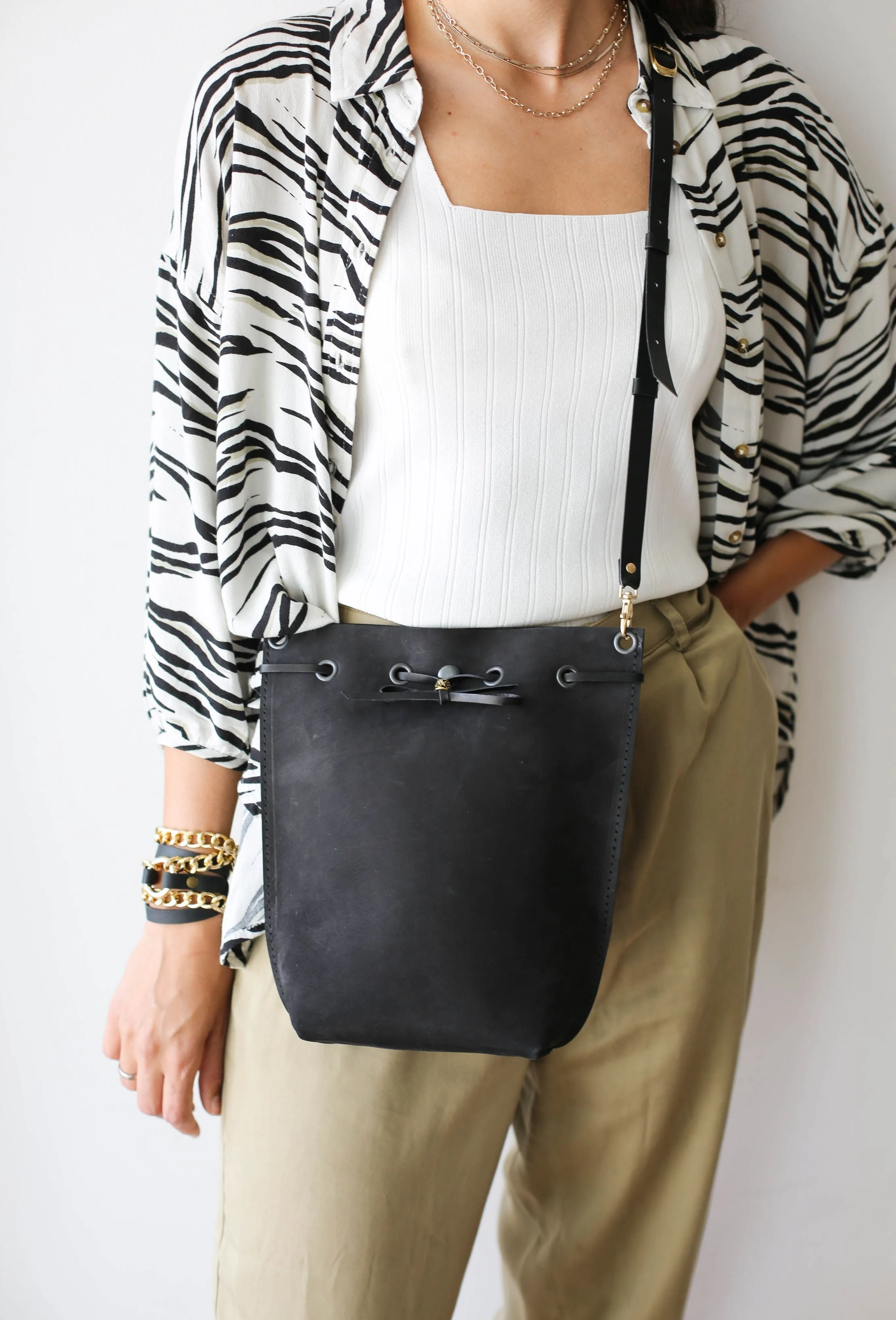 Black Leather Bucket Bag