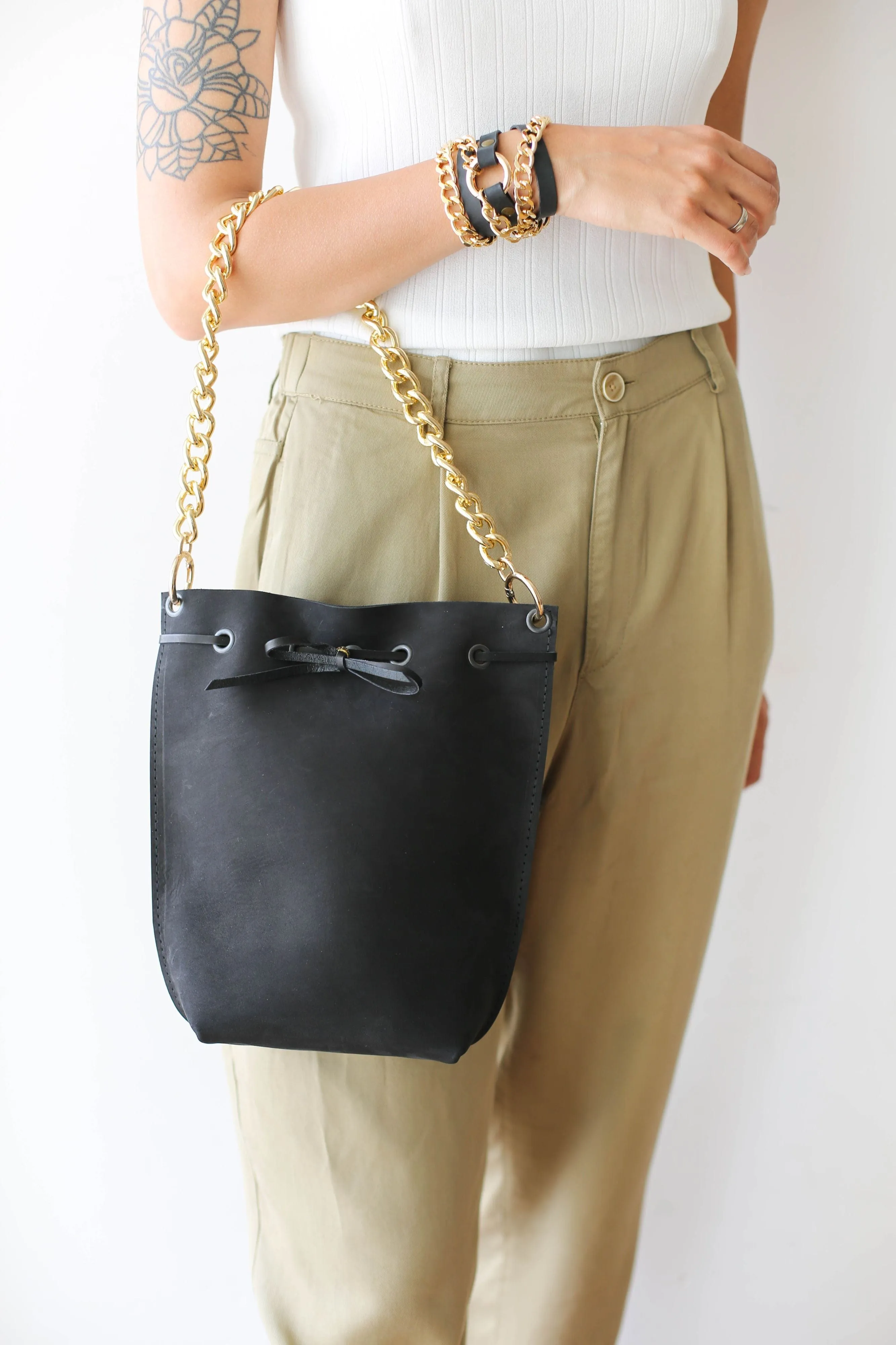 Black Leather Bucket Bag