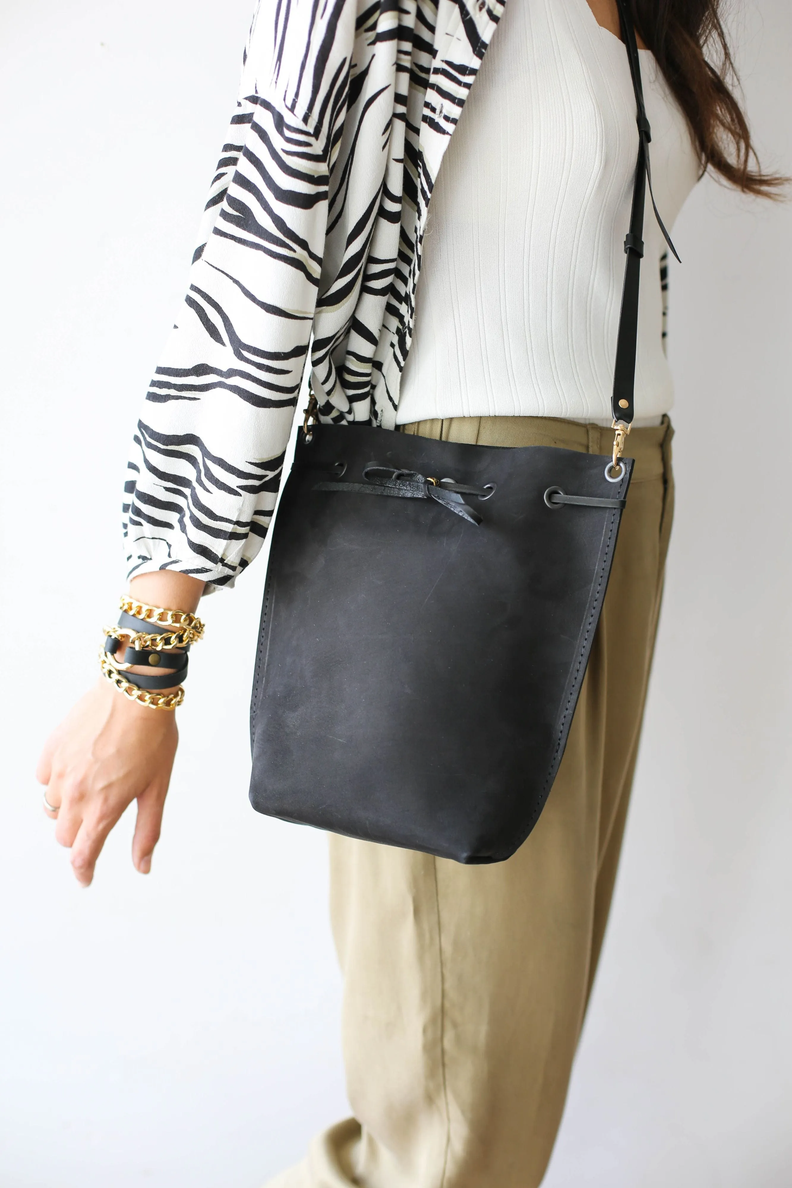 Black Leather Bucket Bag