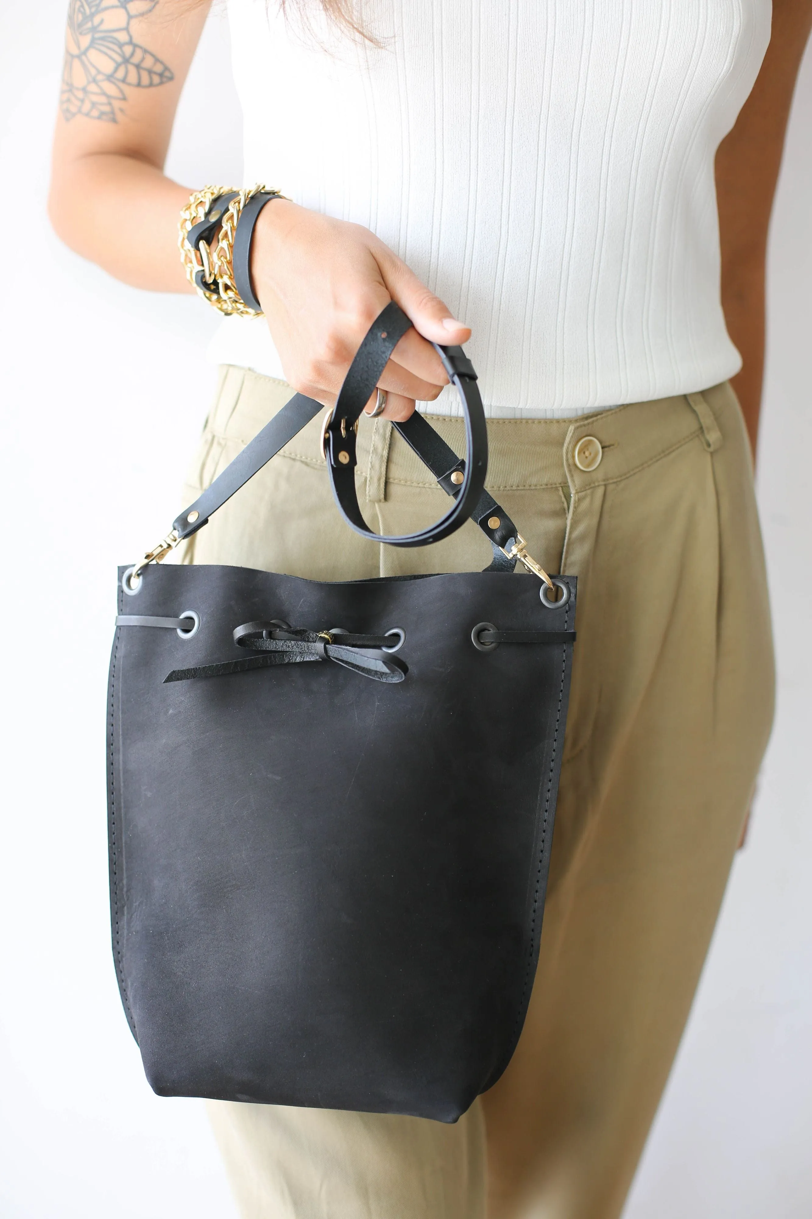 Black Leather Bucket Bag