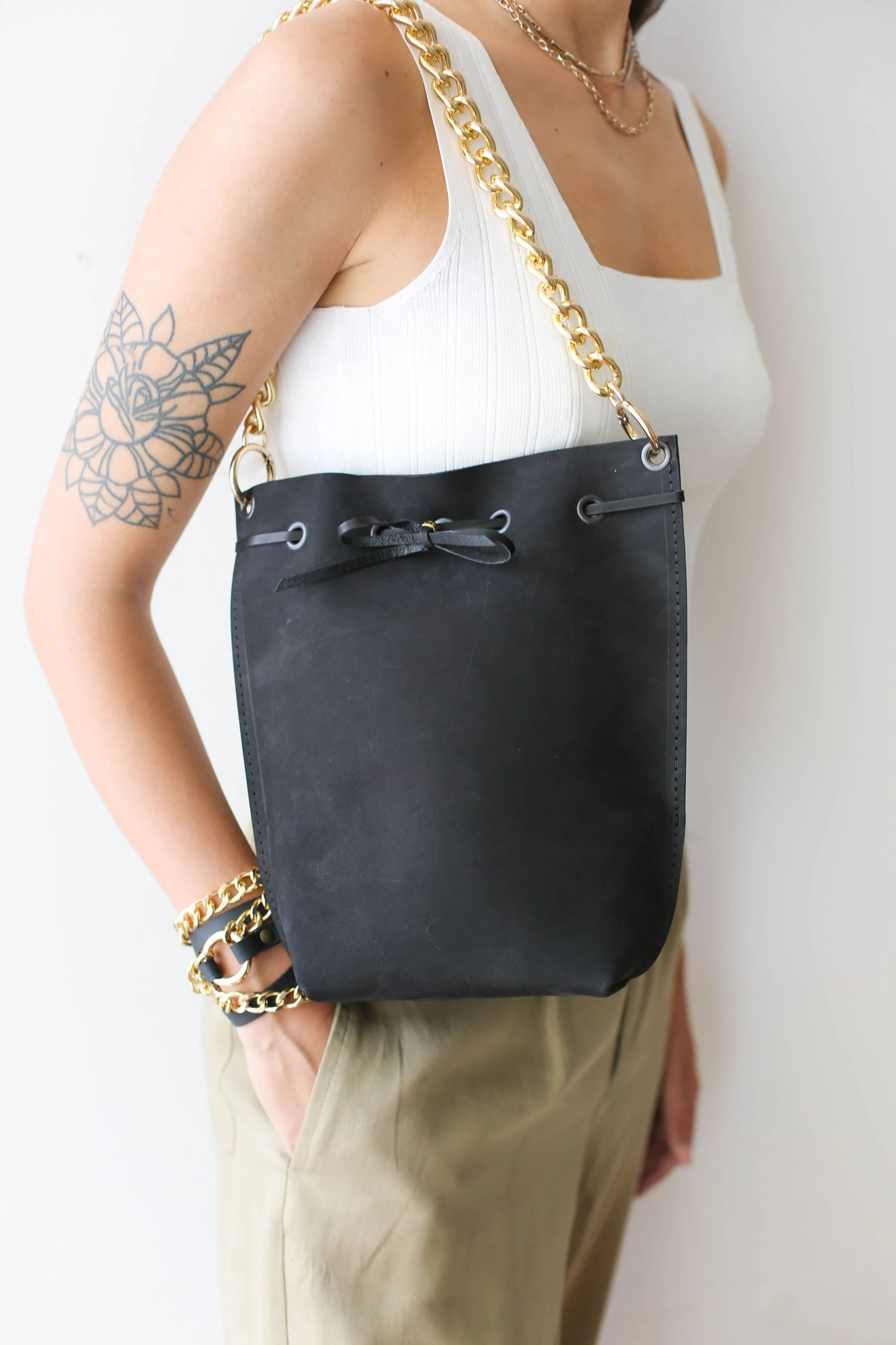 Black Leather Bucket Bag