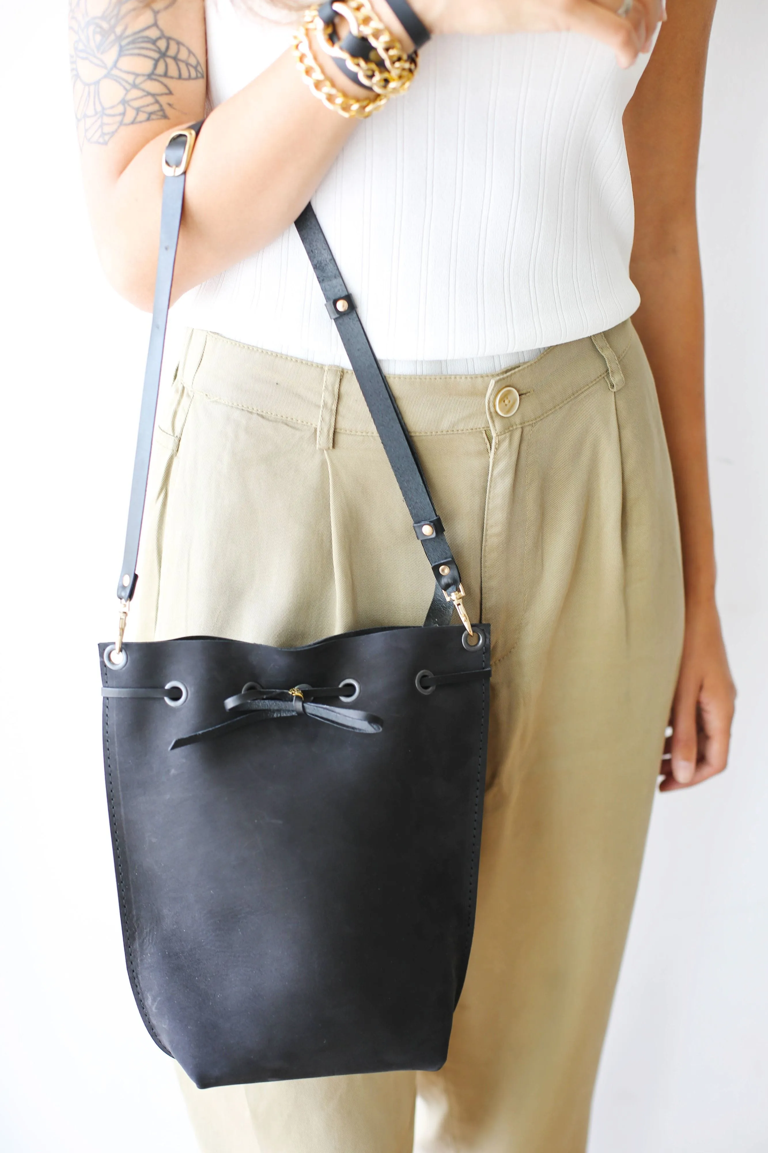 Black Leather Bucket Bag