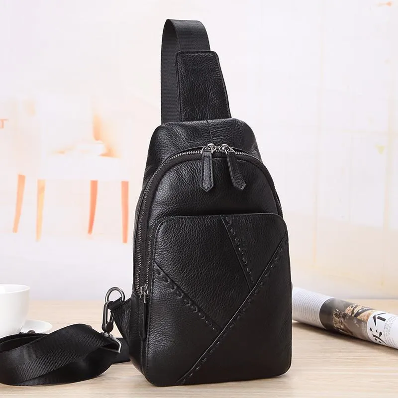 Black Leather Men's 8-inch One shoulder Backpack Sling Bag Black Chest Bag Sports Bag For Men