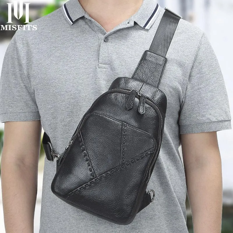 Black Leather Men's 8-inch One shoulder Backpack Sling Bag Black Chest Bag Sports Bag For Men