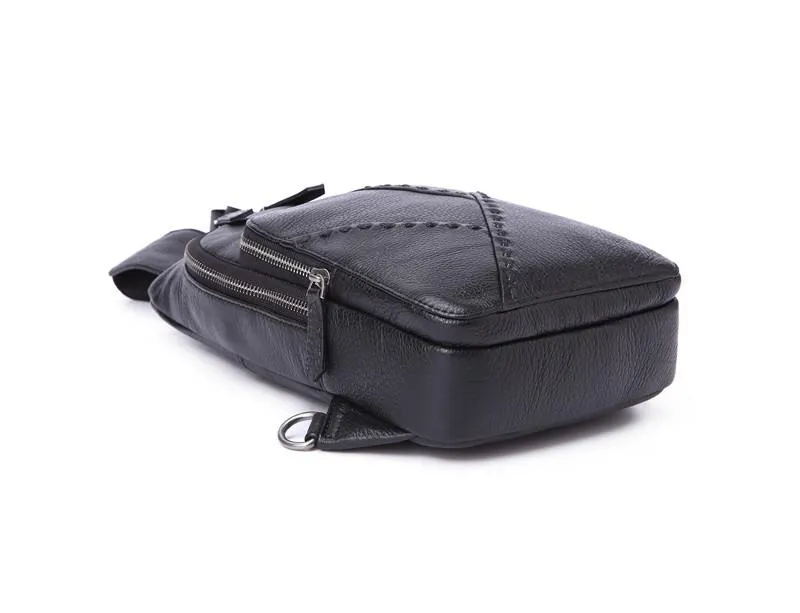 Black Leather Men's 8-inch One shoulder Backpack Sling Bag Black Chest Bag Sports Bag For Men