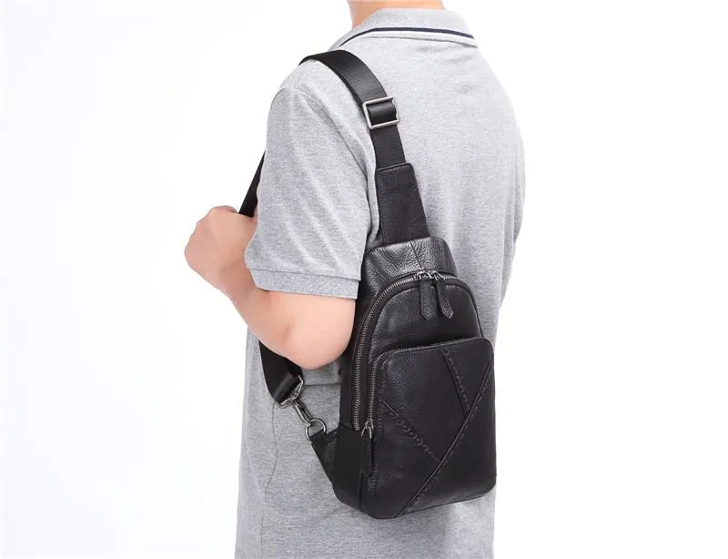 Black Leather Men's 8-inch One shoulder Backpack Sling Bag Black Chest Bag Sports Bag For Men