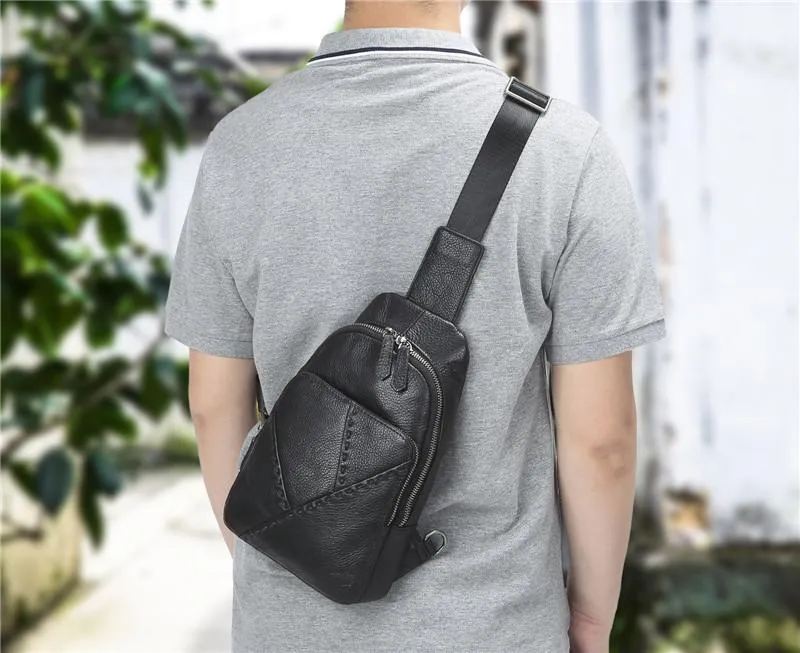 Black Leather Men's 8-inch One shoulder Backpack Sling Bag Black Chest Bag Sports Bag For Men