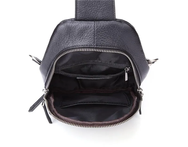 Black Leather Men's 8-inch One shoulder Backpack Sling Bag Black Chest Bag Sports Bag For Men