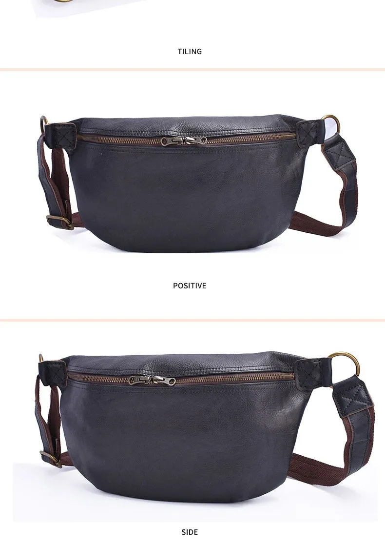 Black Leather Mens Large Sling Bag Leather Sling Pack Postman Bag Fanny Pack Shoulder Bag For Men