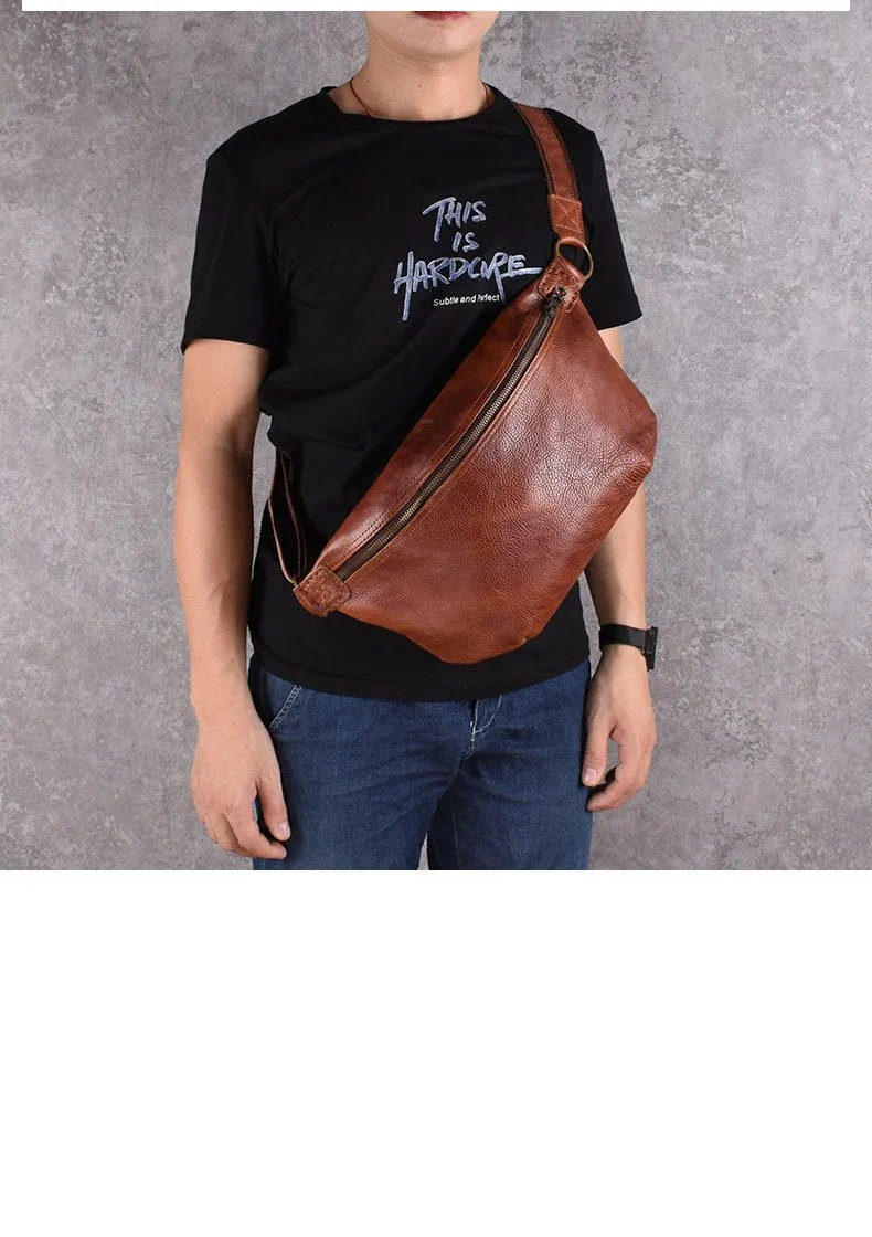 Black Leather Mens Large Sling Bag Leather Sling Pack Postman Bag Fanny Pack Shoulder Bag For Men