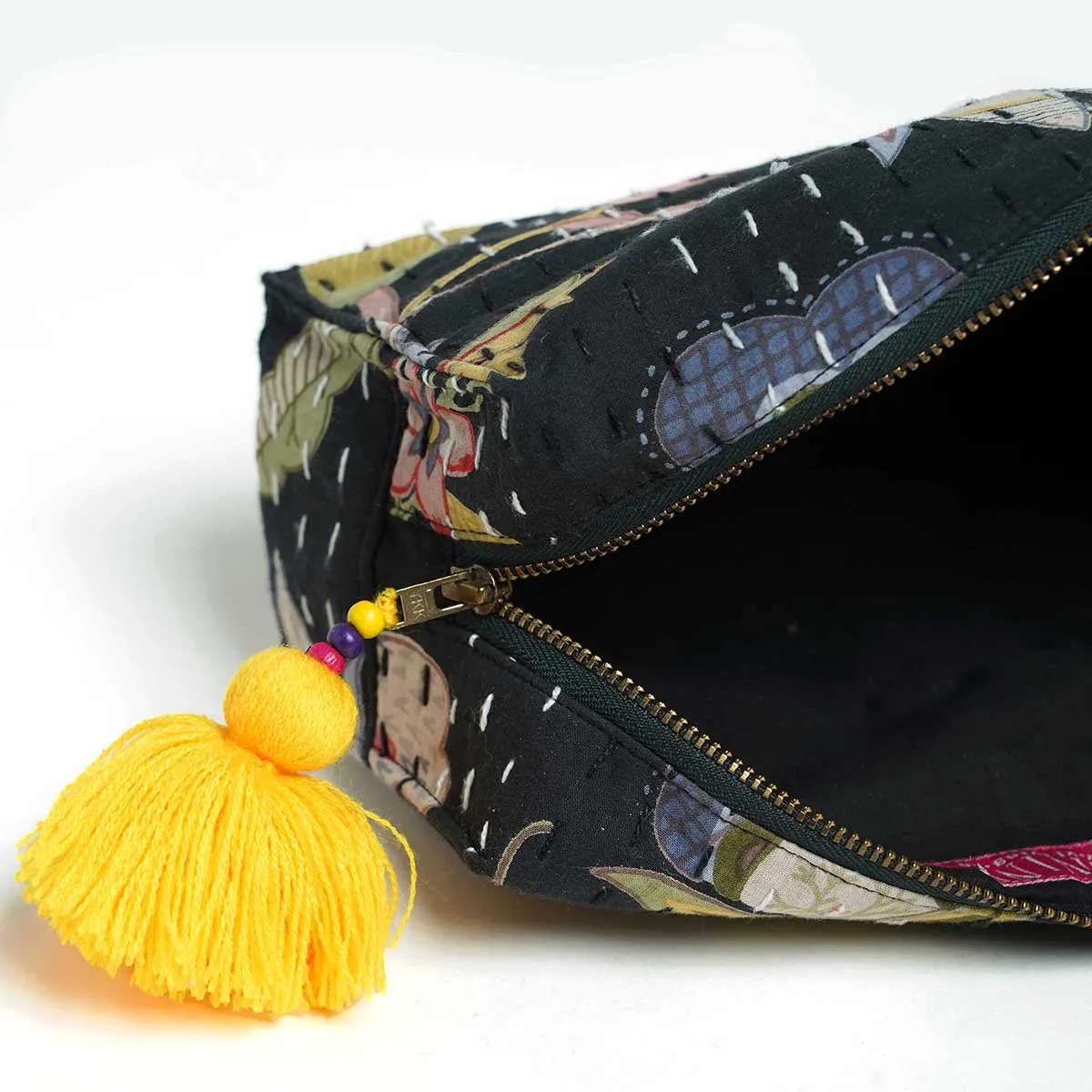 Black toiletry handbag, kantha pouch, make up or cosmetic bag, utility pouch