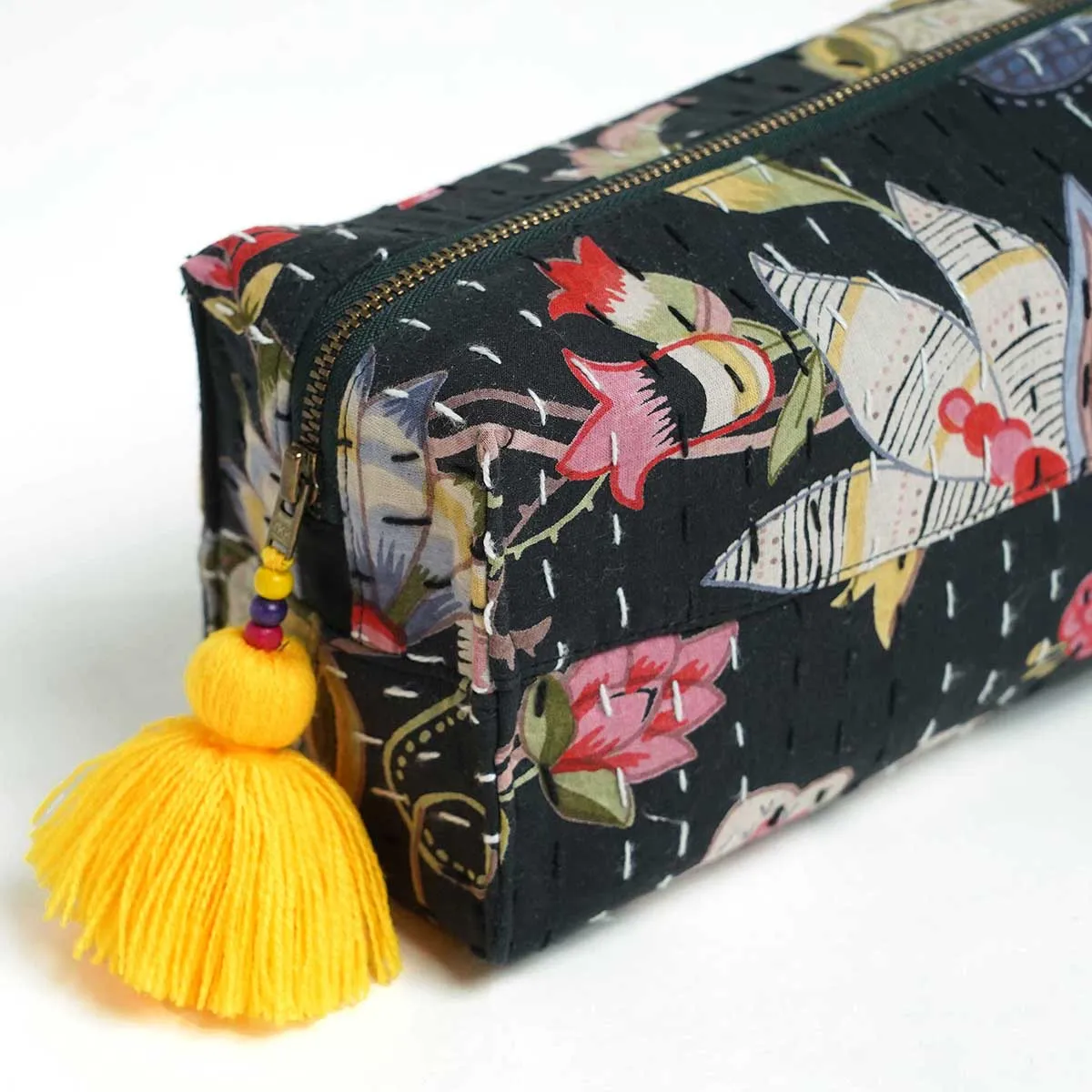 Black toiletry handbag, kantha pouch, make up or cosmetic bag, utility pouch