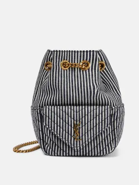 Blue and white striped denim bucket bag