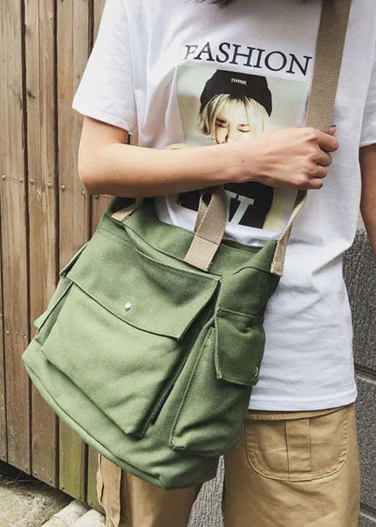 Casual Green Solid Canvas Messenger Bag