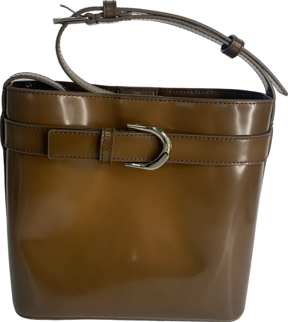 Charles & Keith Brown Gabine Leather Belted Bucket Bag One Size