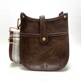 Coffee Mini Distressed Vegan Leather Messenger Bag w/ Adjustable Coffee/Silver/White Stripe Strap