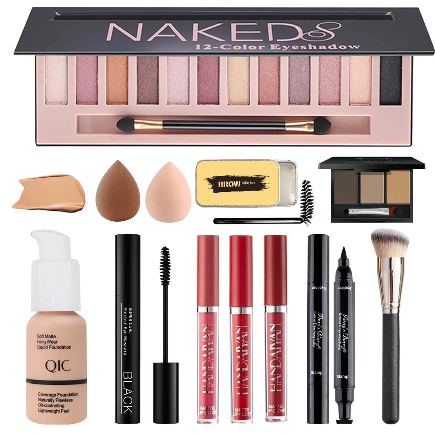 Complete Makeup Set: Eyeshadow Palette, Foundation, Lipsticks, Mascara & Brushes Essentials