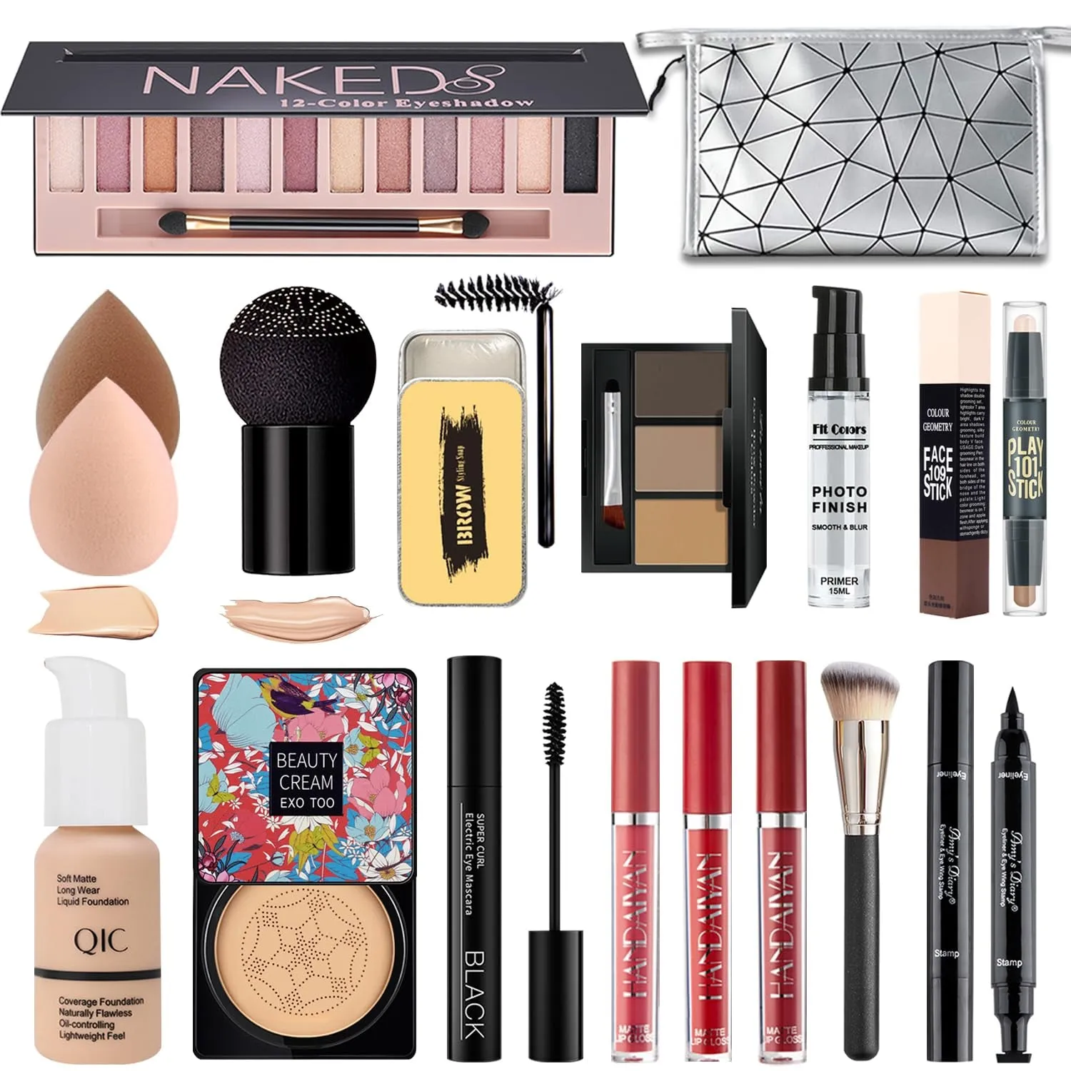 Complete Makeup Set: Eyeshadow Palette, Foundation, Lipsticks, Mascara & Brushes Essentials