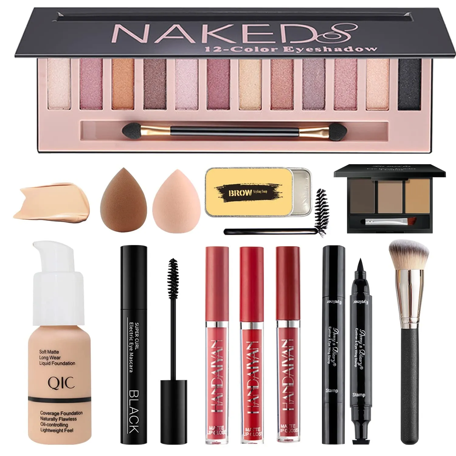 Complete Makeup Set: Eyeshadow Palette, Foundation, Lipsticks, Mascara & Brushes Essentials