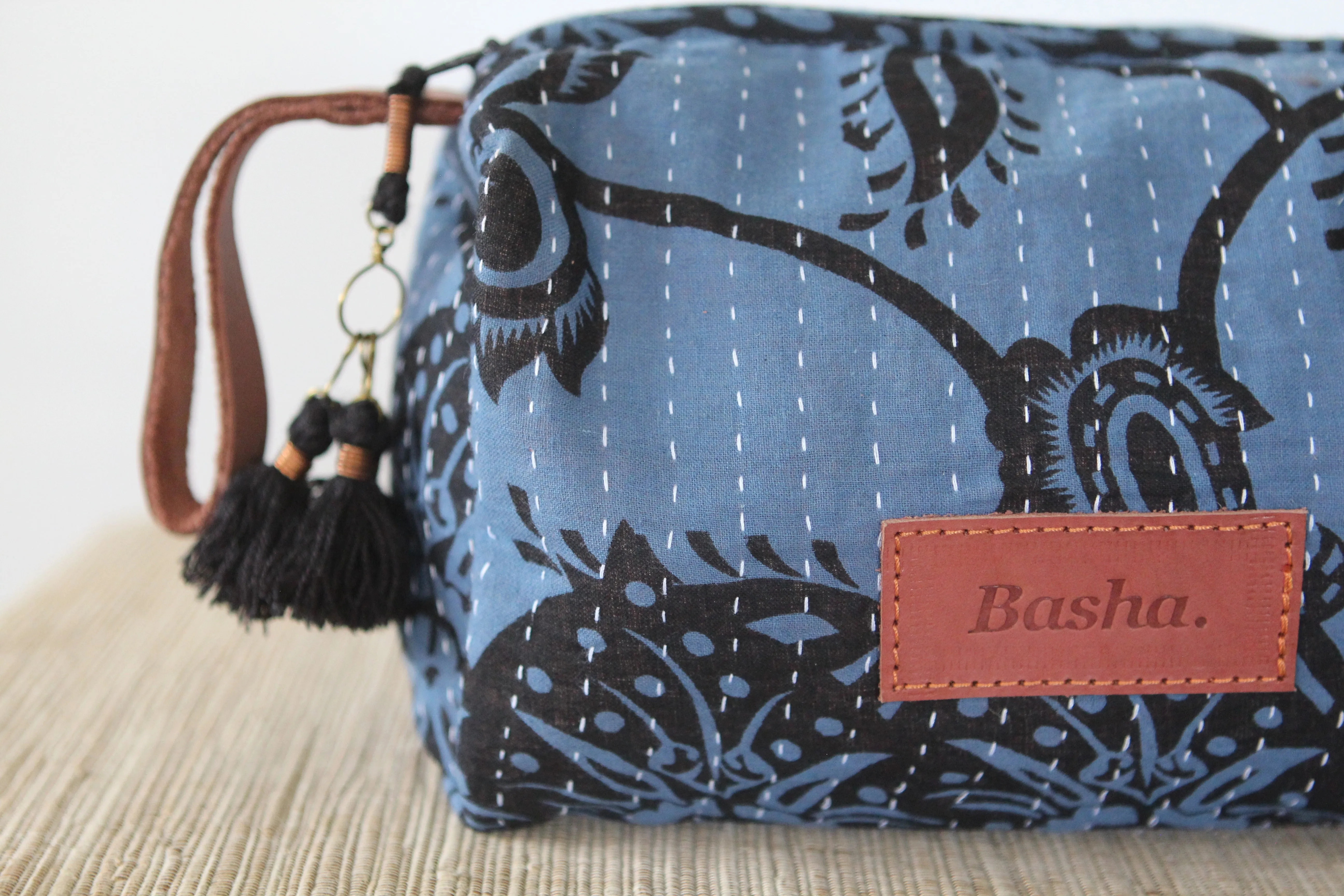 Cosmetic Bag with Leather Strap - Blue & Black