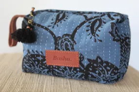 Cosmetic Bag with Leather Strap - Blue & Black