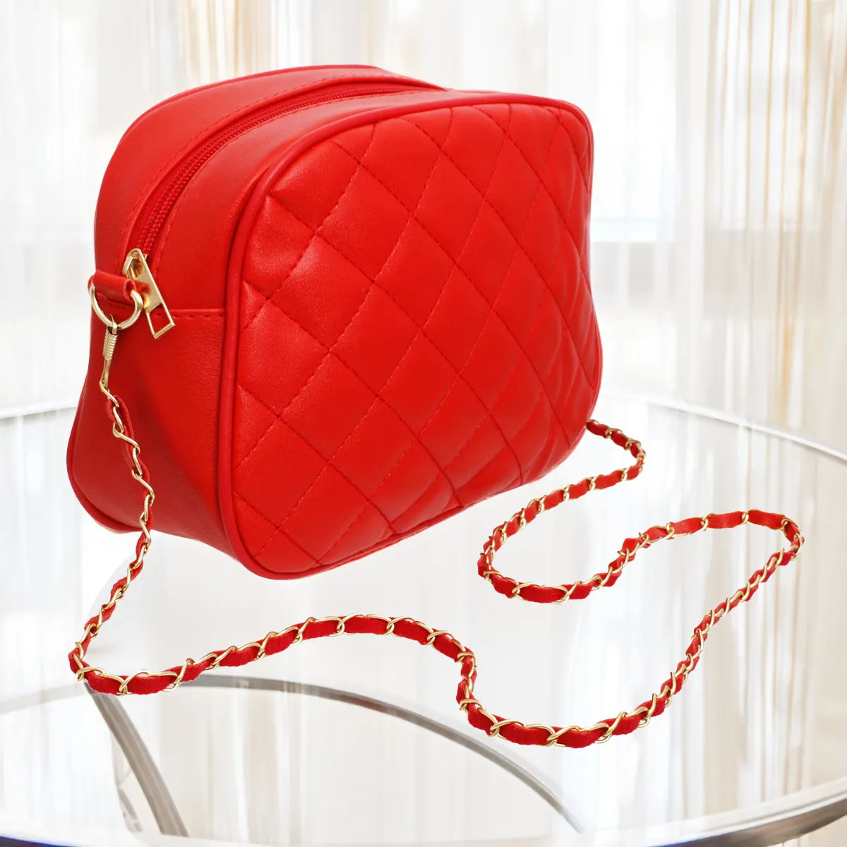 Crossbody Small Red Quilted Chain Strap Bag Women