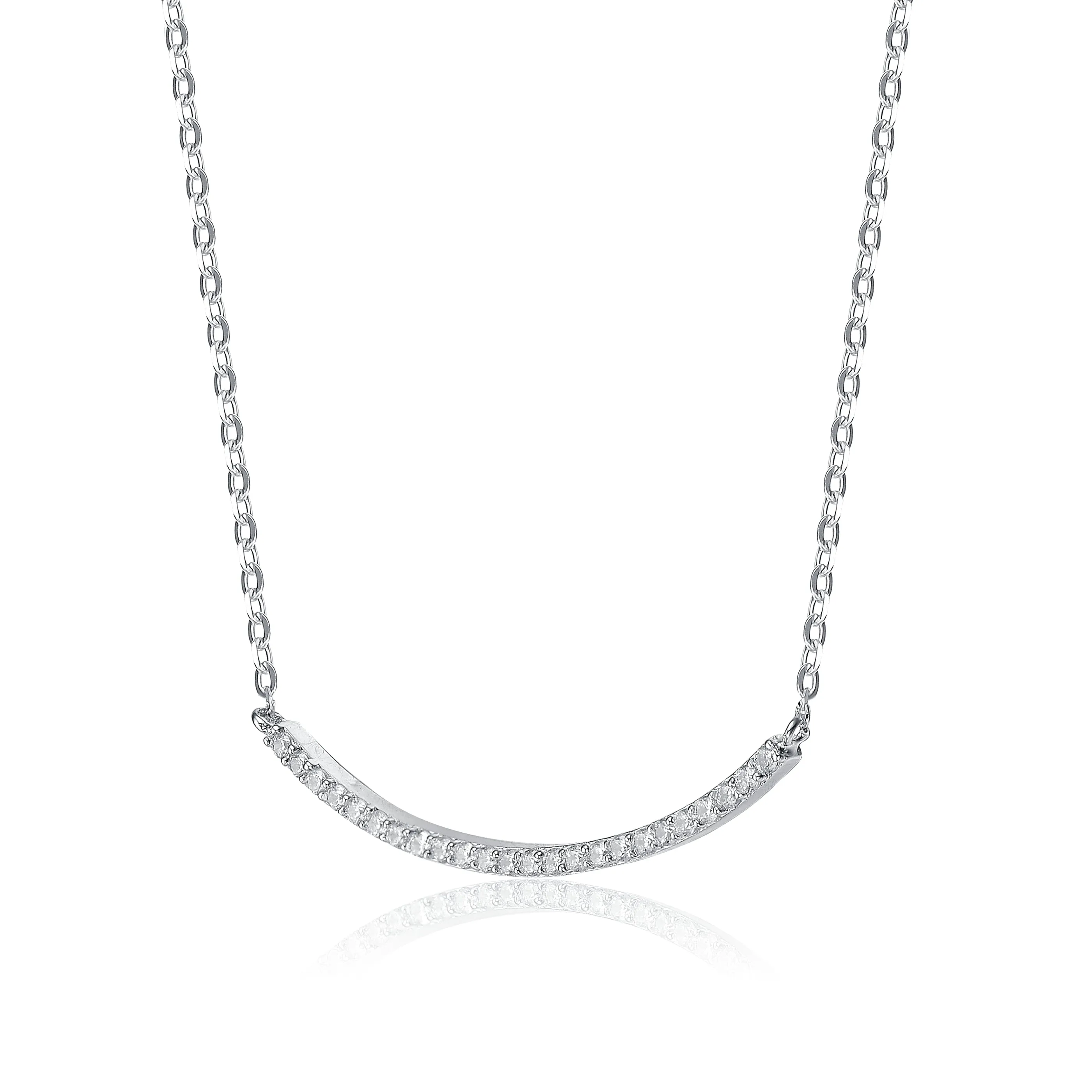 Cubic Zirconia Sterling Silver Rhodium Plated Curved Necklace