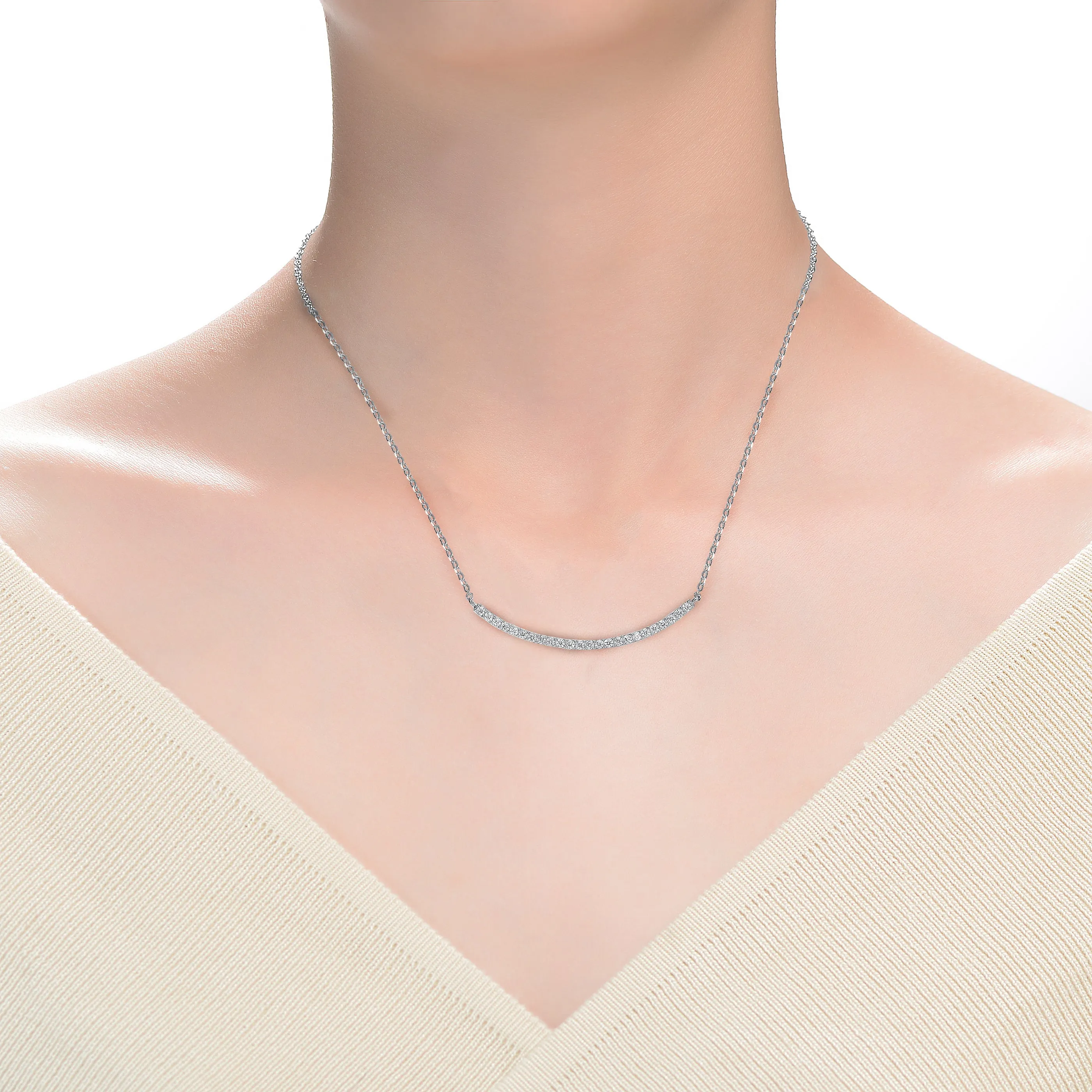 Cubic Zirconia Sterling Silver Rhodium Plated Curved Necklace
