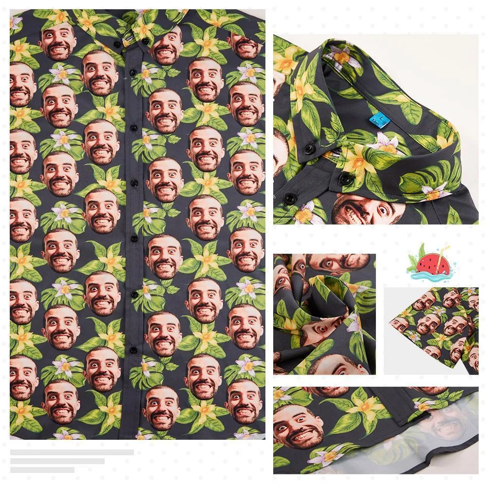 Custom Face Hawaiian Shirt for Men Star Face Green Flowers Summer Beach