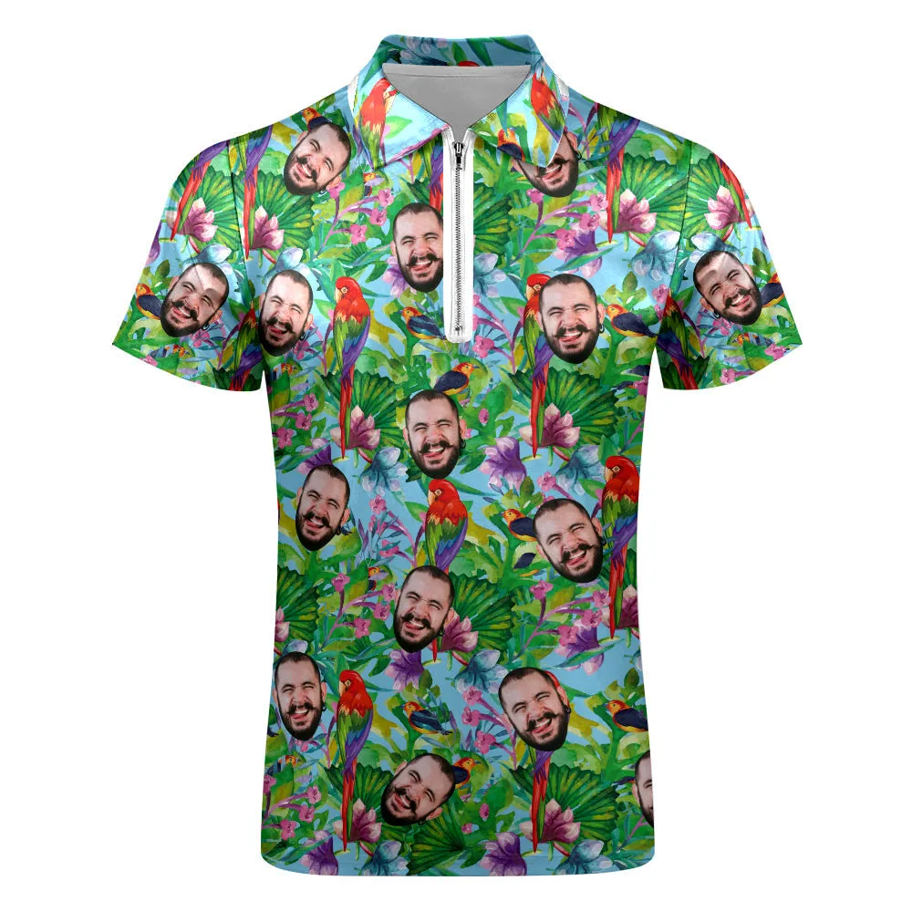 Custom Polo Shirt with Zipper Personalised Face Hawaiian Style Men's Polo Shirt for Him