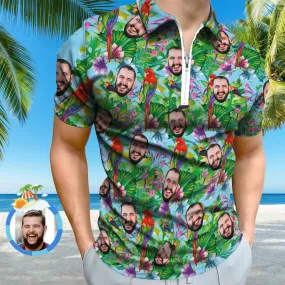 Custom Polo Shirt with Zipper Personalised Face Hawaiian Style Men's Polo Shirt for Him