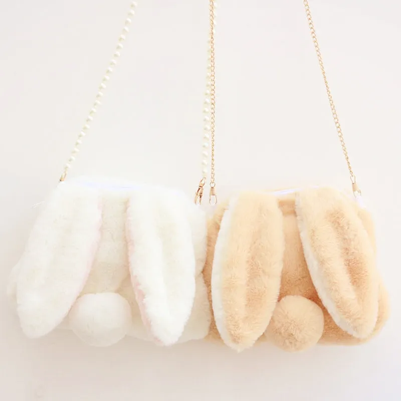 Cute Lop-Eared Rabbit Plush Crossbody Bag with Pearl Chain