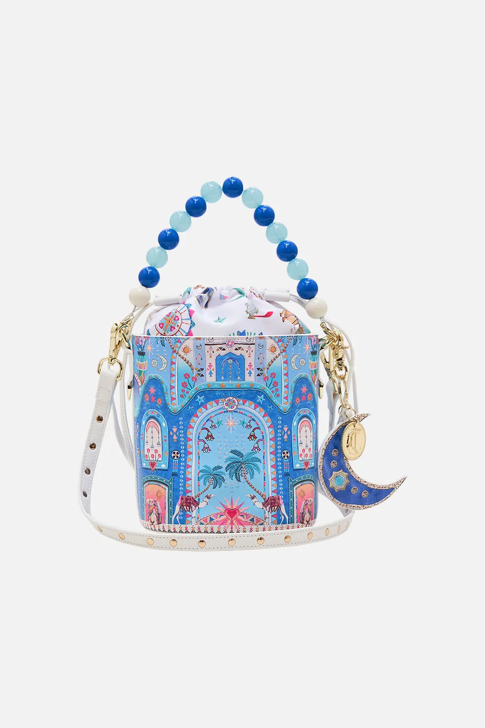 DRAWSTRING BUCKET BAG WITH BEADED HANDLE A PAINTED VILLAGE