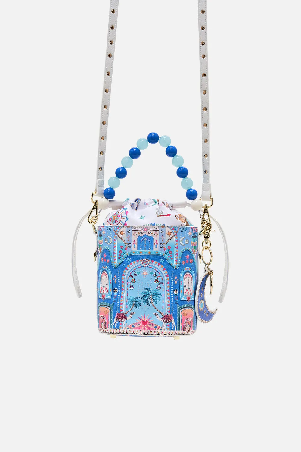 DRAWSTRING BUCKET BAG WITH BEADED HANDLE A PAINTED VILLAGE