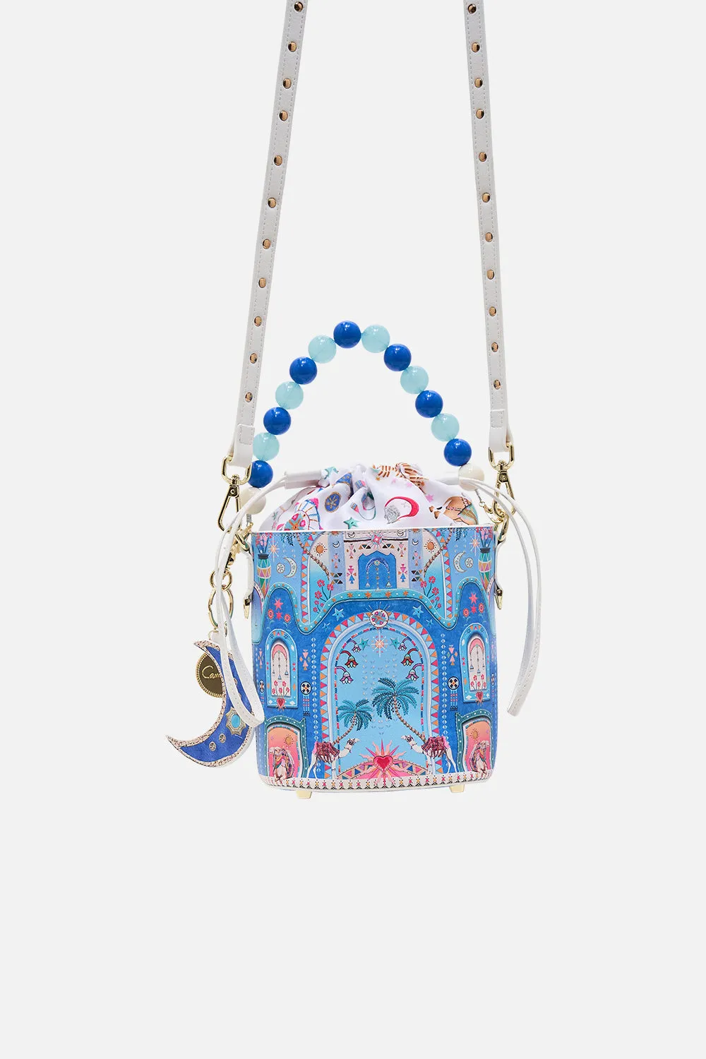 DRAWSTRING BUCKET BAG WITH BEADED HANDLE A PAINTED VILLAGE