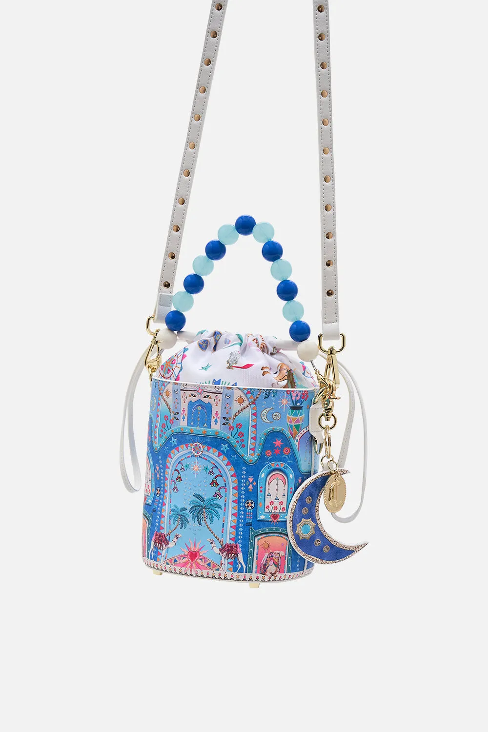 DRAWSTRING BUCKET BAG WITH BEADED HANDLE A PAINTED VILLAGE